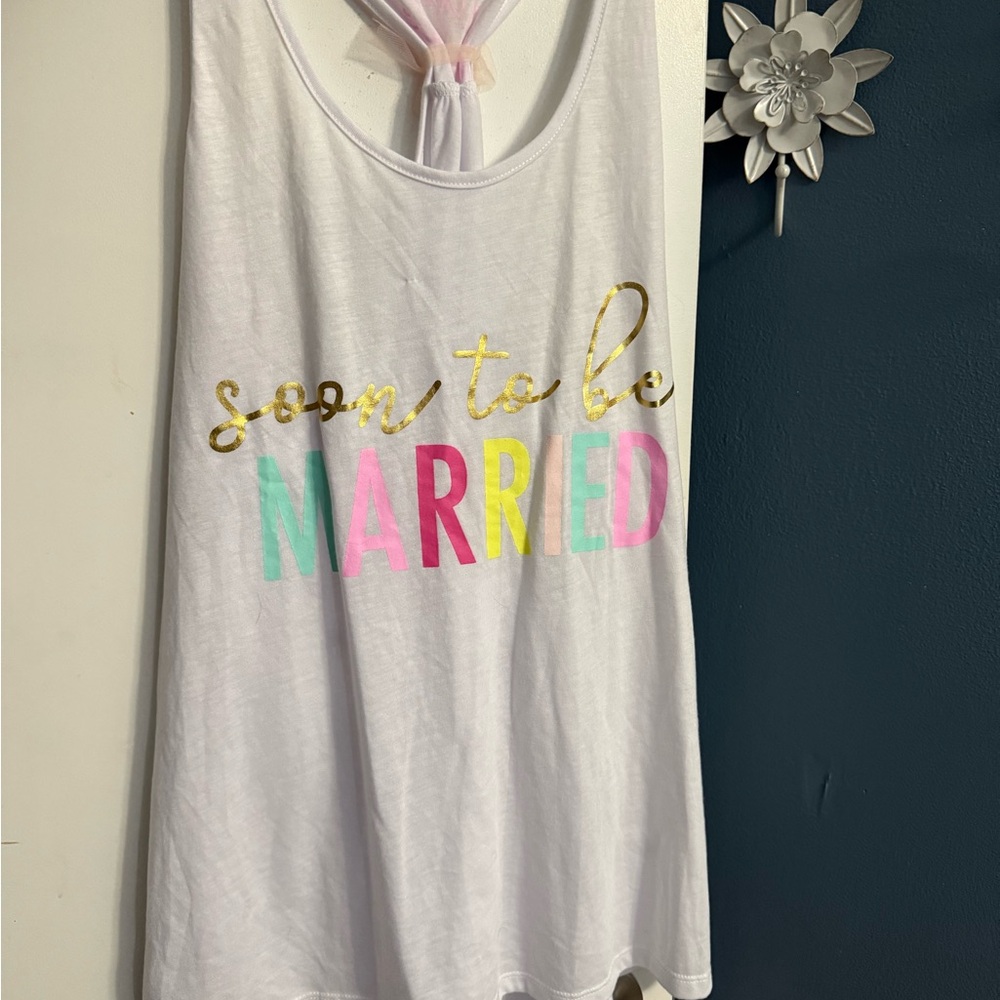 David's Bridal White Tank Top with Gold, Pink, and Green Accents
